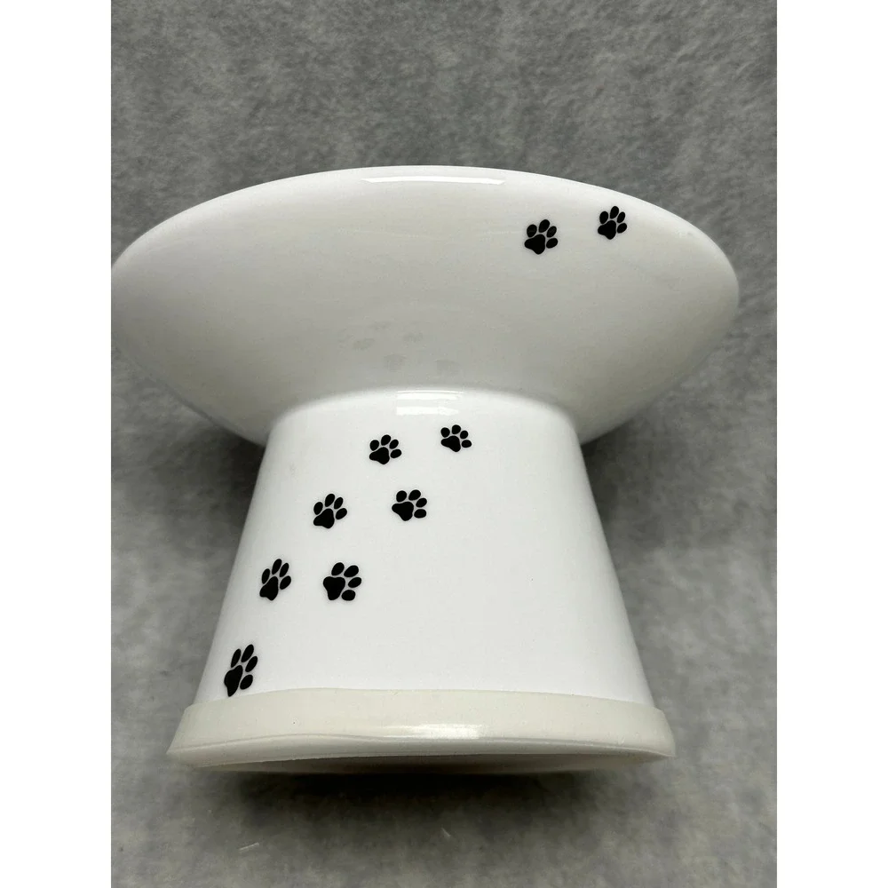 Necoichi Raised Cat‎ Food Bowl White Ceramic Paw Print Happy Dining Kitten